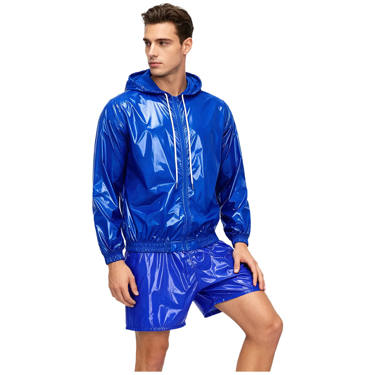 Mens 2 Pcs Waterproof Tracksuit Long Sleeve Front Zipper Hooded Jacket with Drawstring Elastic Waistband Shorts Gyms Sportwear