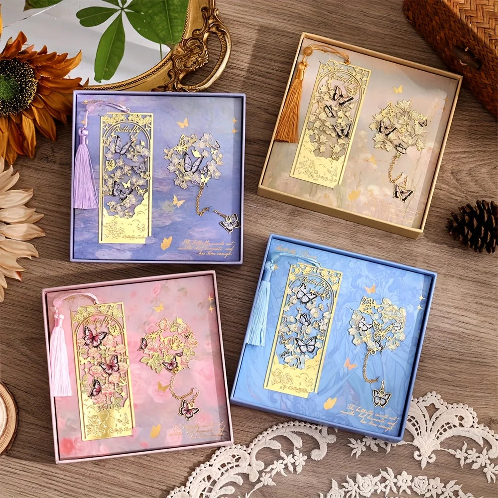 2 Pcs Hollow Flower Butterfly Metal Bookmarks Set Elegant Tassel Bookmarks Large Book Mark for Book Lovers Students Teachers 