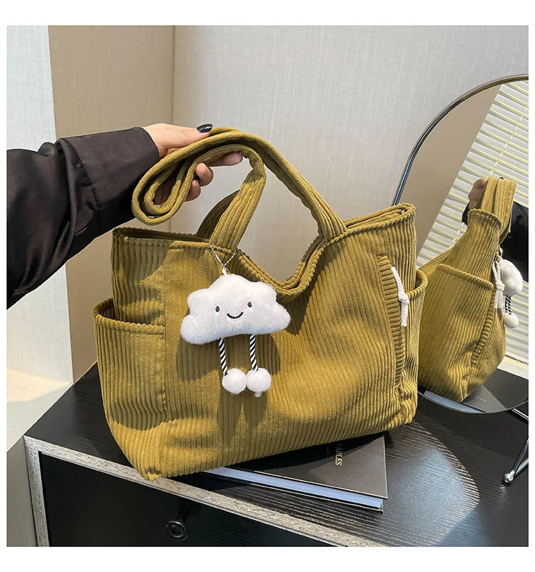 Corduroy Women Bag Fashionable Large Capacity Handbag Shoulder Bag Versatile Artistic Retro Student Class Bag with Zipper Pocket