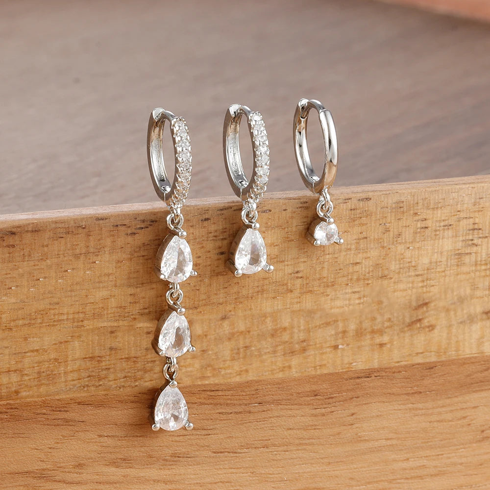 3PCS Dainty Cubic Zirconia Silver Color Punk Earrings Set For Women Stainless Steel Geometry Pendant Cartilage Piercing Jewelry