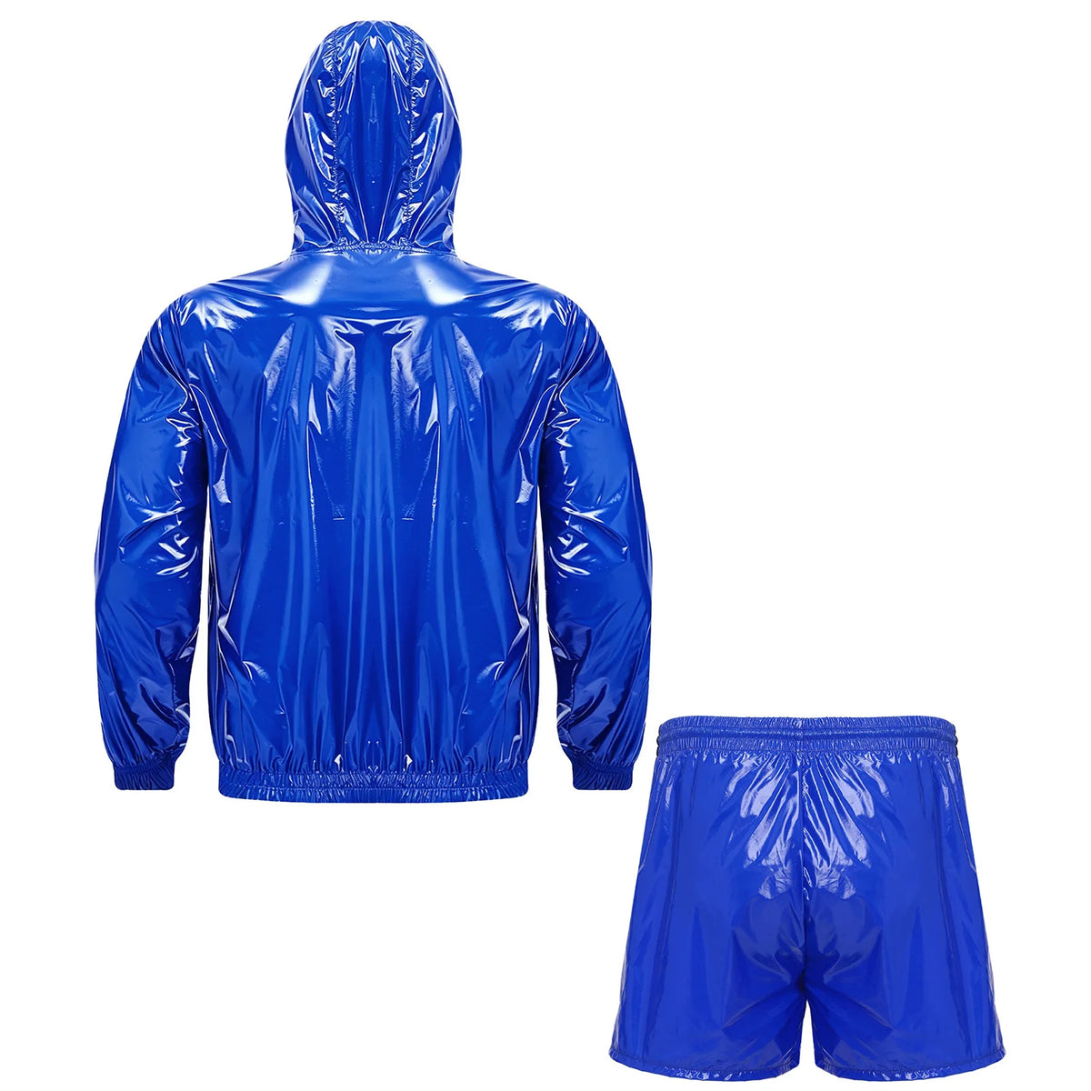 Mens 2 Pcs Waterproof Tracksuit Long Sleeve Front Zipper Hooded Jacket with Drawstring Elastic Waistband Shorts Gyms Sportwear