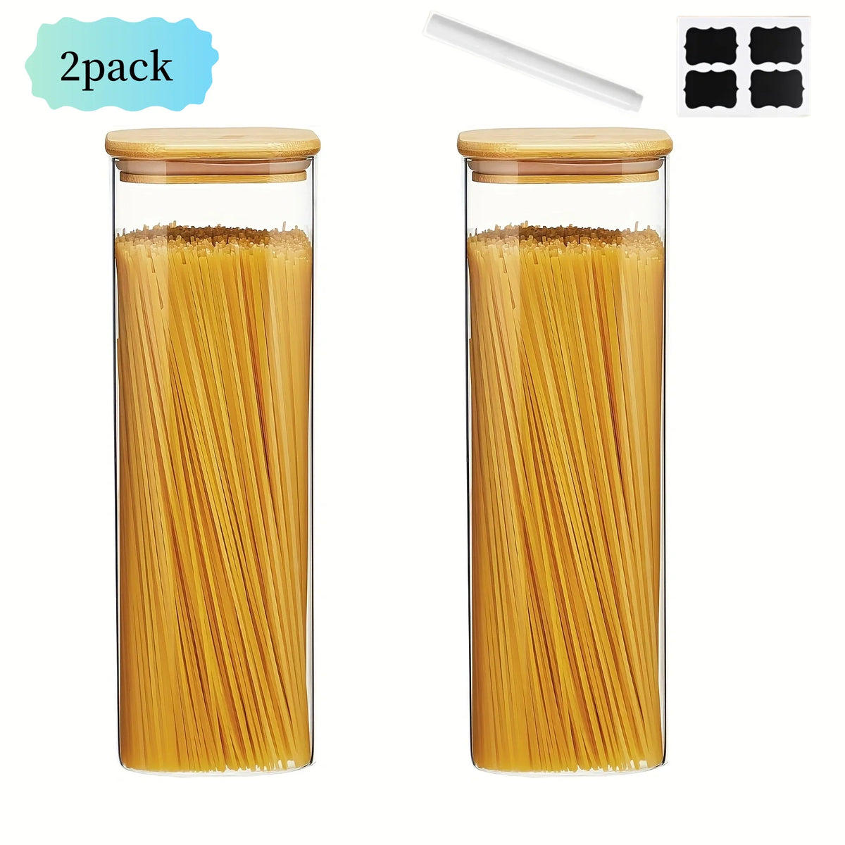 2/4 Pack-1450Ml Square Glass Jars, Glass Storage Containers with Lids, Wide-Mouth Pasta Jars, Kitchen Storage Jars, Storage for Pasta, Grains, Oats, Sugar, Cookies, Beans, Airtight Glass Jar Set, Kitchen Organization and Stor