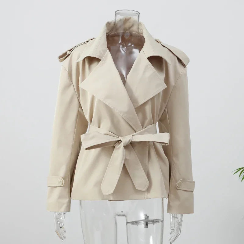 Solid Belted Waist Short Trench Coat Women Chic Wide Lapel Epaulet Detail Loose Long Sleeve Coats Fall Daily Commuter Outerwear