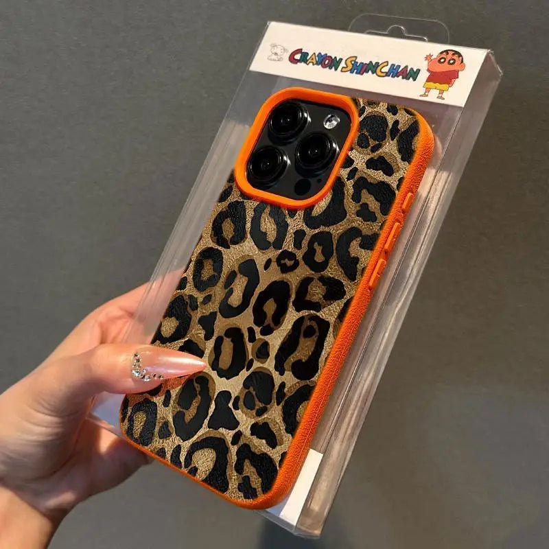 INS Brown Leopard Print Y2K Phone Case For iPhone 16 15 14 13 12 11 Pro Max Plus X XR XSMax Soft TPU Imitation Leather Cover
