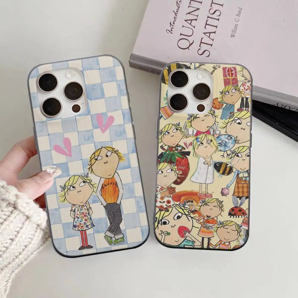 Cartoon C-CHARLIE AND LOLA  Phone Case For iPhone 17 16 15 14 13 12 11 Pro Max Plus Corrugated Bumper Back Cover Shell