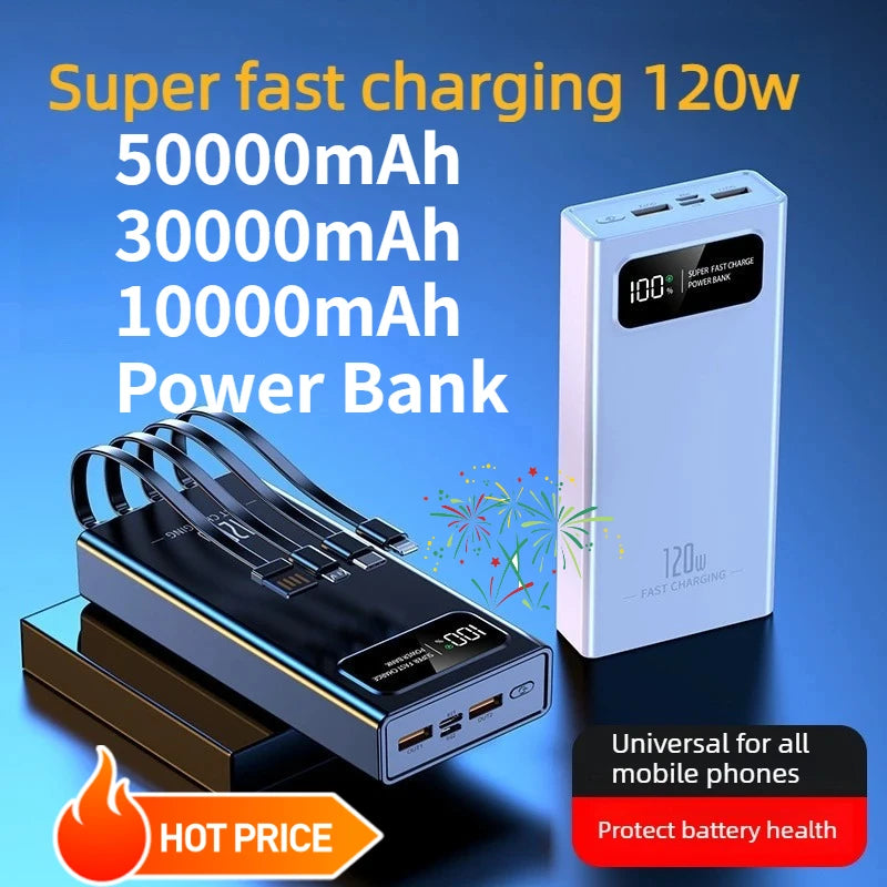 50000mAh 30000mAh 10000mAh 120W Power Bank for IPhone Huawei and Xiaomi Mobile Phones PowerBank with Built-in Cable (CCC)