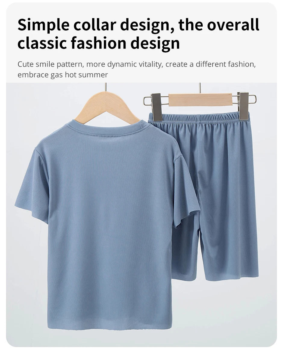 2/4 Pieces Children's Summer Thin Short-sleeved Shorts Ice Silk Suit Boys and Girls Casual Joker Home Clothes 2-piece Suit.