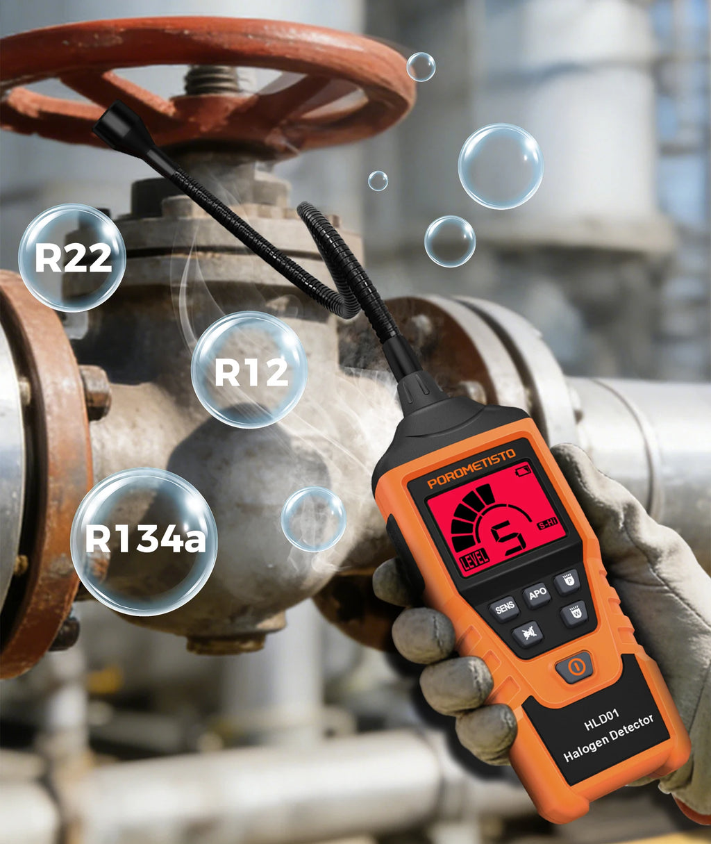 HLD01 Halogen Gas Leak Detector Rechargeable Level/Audio/Visual Alarms LED Light R134a R22 R12 High Sensitivity Gas Sensor Test