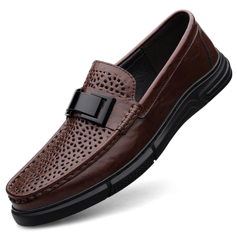Premium Men's Patent Leather Loafers  Business Shoes Hollowed Out Breathable Men's Genuine Leather Casual Shoes Big Size 47 48