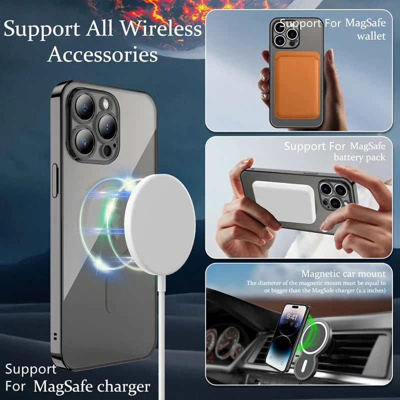 Luxury Plating For Magsafe Case For iPhone 16 15 14 13 12 11 Pro Max Wireless Charge Magnetic Cover With Camera Lens Protector