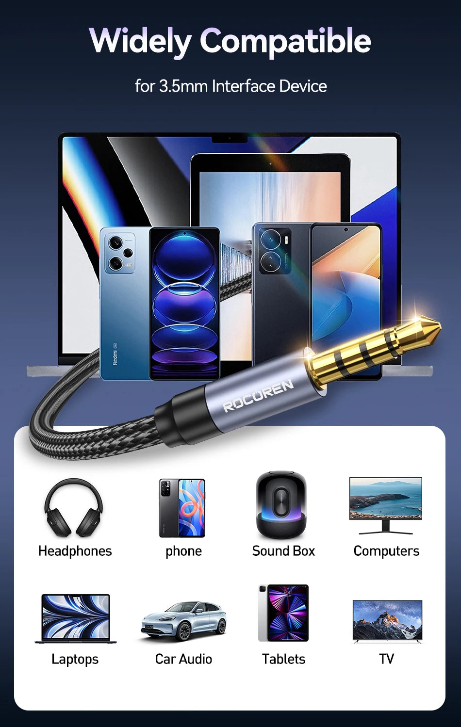 Rocoren AUX Cable 3.5mm Jack Male to Female Audio Extension Speaker Cable Converter for Phone Headphones Laptops Tablets Adapter