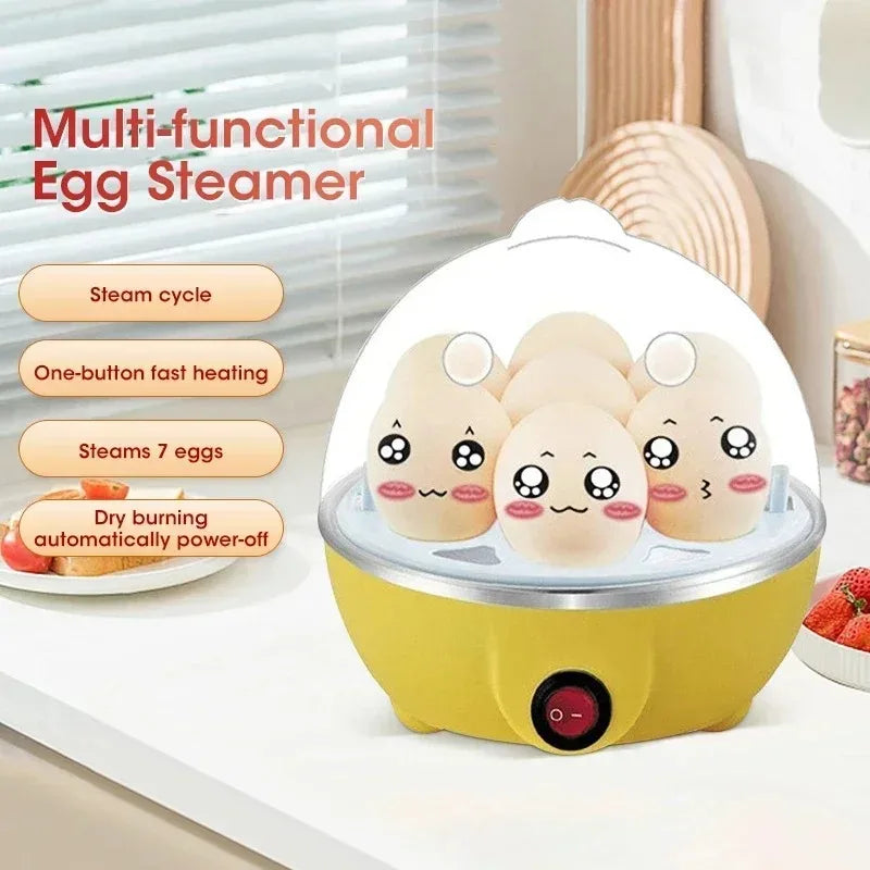 Máquina de cozer 7 ovos com desligamento automático, multifunções e portátil, ideal para cozer ovos e preparar pudim a vapor.