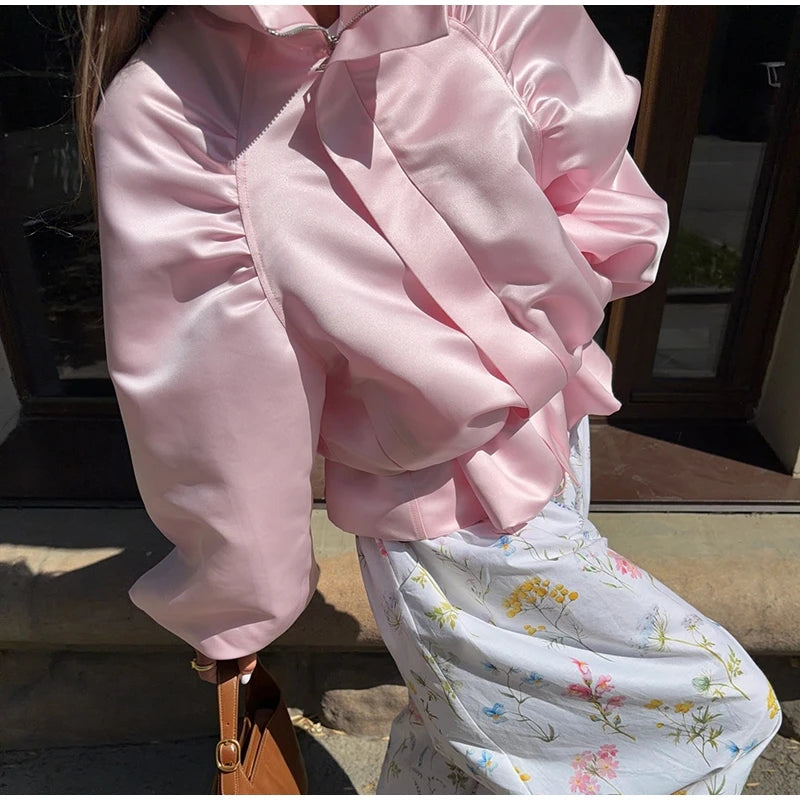 Shiny Fabric Jacket High Stand Collar Oversized Puff Sleeve Drawstring Cropped Hem 2026 Autumn Fashion Daily Lady Sweet Jacket
