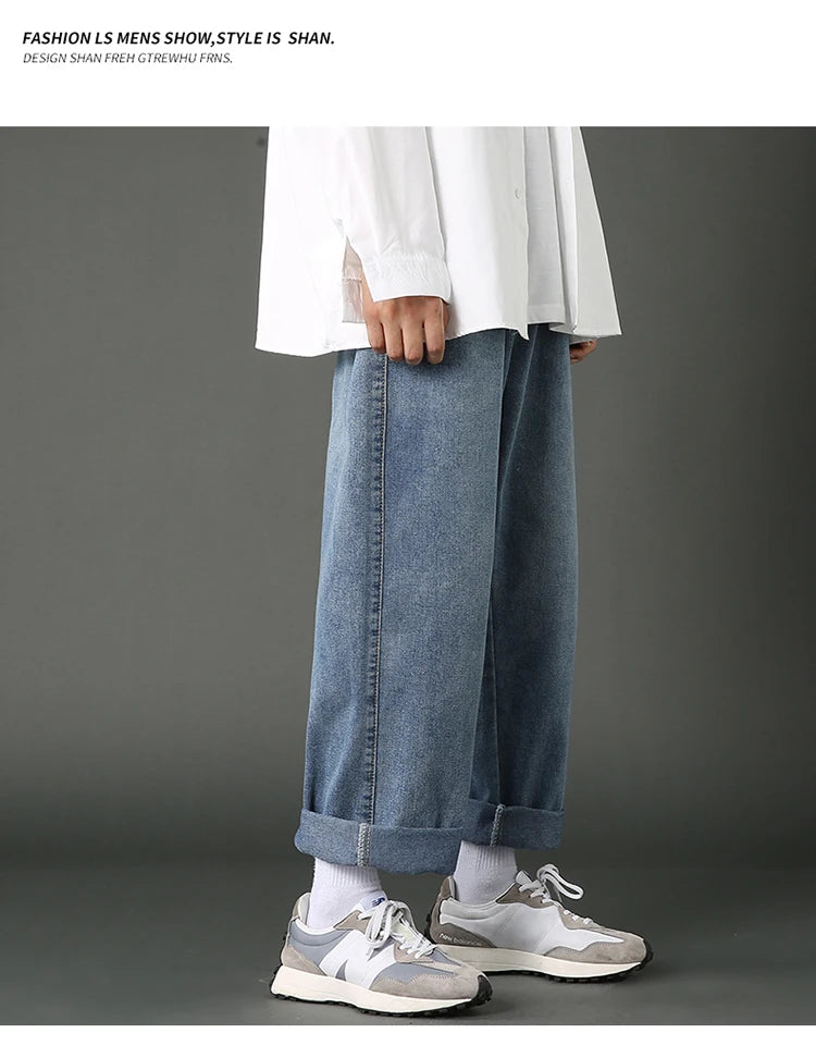 New Street Casual Baggy Jeans Men's Korean Fashion Hip Hop Straight Wide Leg  Trousers Couple Denim Pants Black Light Blue