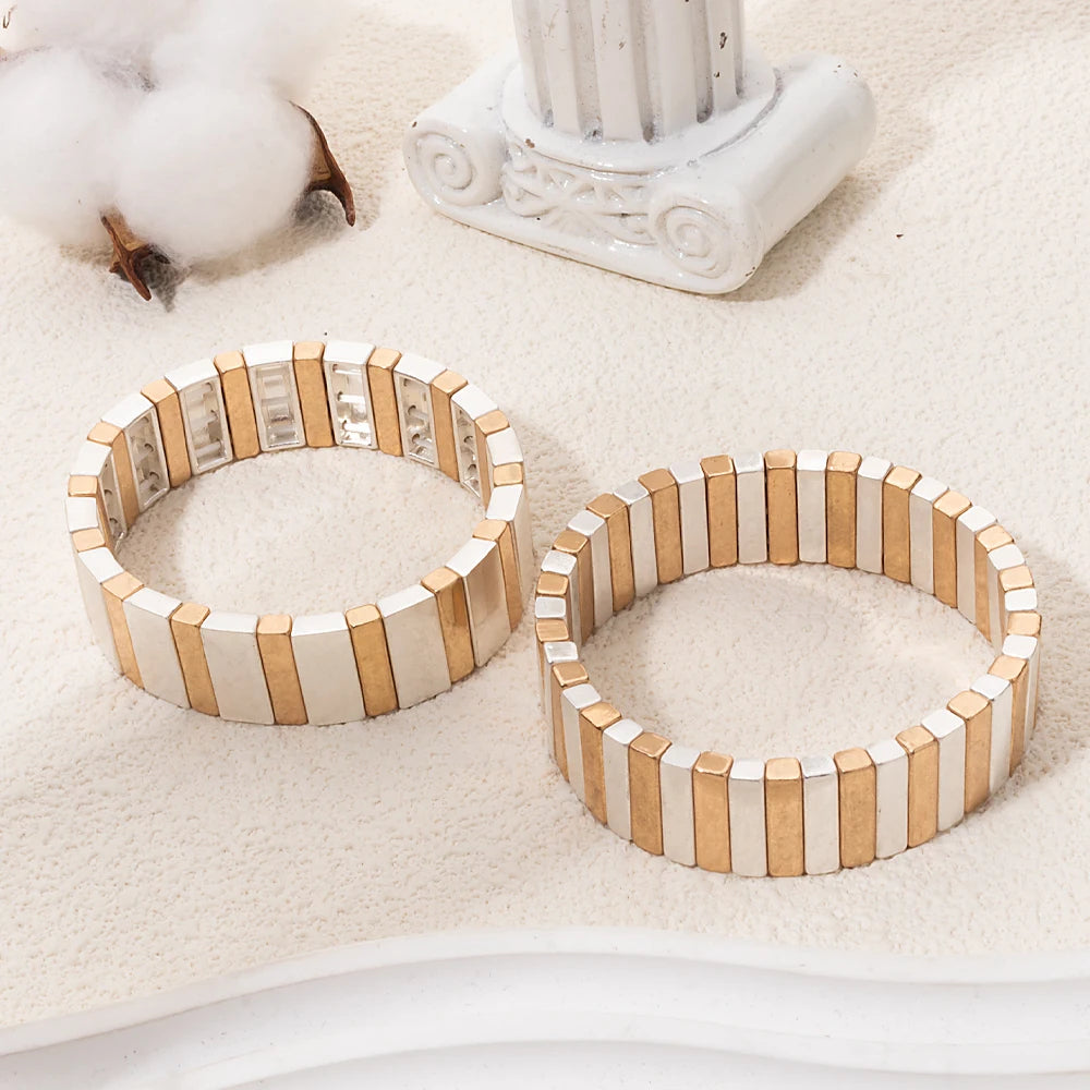 Gold Sliver Color Beaded Bangle For Women Handmade Elastic Beads Bracelets