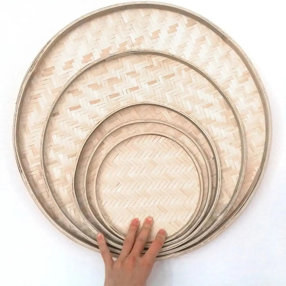 4 Size Hand-woven Bamboo Sieve Hand-painted Bamboo Raft Round Dustpan DIY Decorative Fruit Bread Basket Kitchen Storage Tray