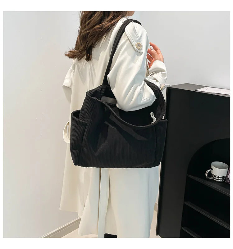Corduroy Women Bag Fashionable Large Capacity Handbag Shoulder Bag Versatile Artistic Retro Student Class Bag with Zipper Pocket