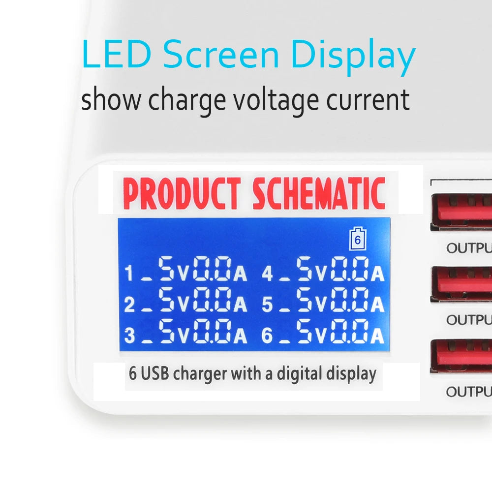 6-Port USB Charger Hub Fast Charging Station with LED Display Screen for Smart Phones Multiport Charging Station