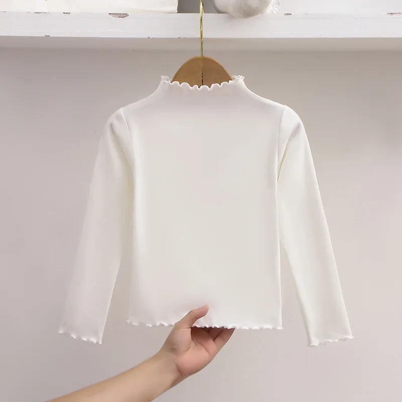 Autumn Kids Long Sleeve T-Shirt Ruffle Trim Solid Color Top For 1-8Y Girls Casual Soft Warm Children Clothing
