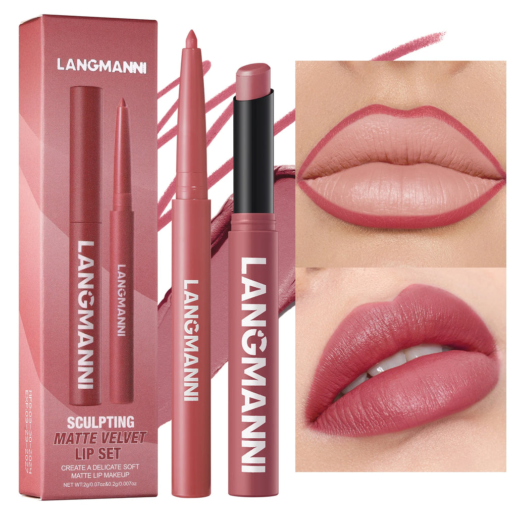 Conjunto de batom e delineador de lábios integrado, à prova de água, sem manchas, não desbota, não transfere, de longa duração, fácil de criar uma maquilhagem perfeita!