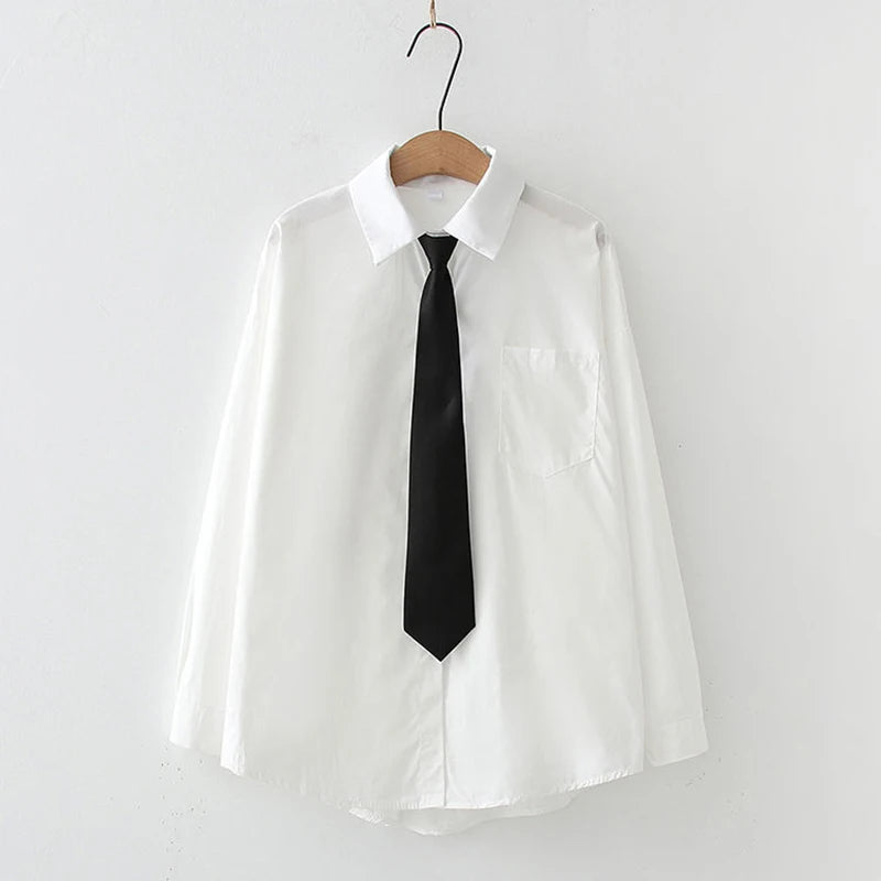 GIDYQ Women White Jk Shirts Long Sleeve Fall Student Shirts Casual Button Up Japan Black Tie Preppy Style Girls Tops New
