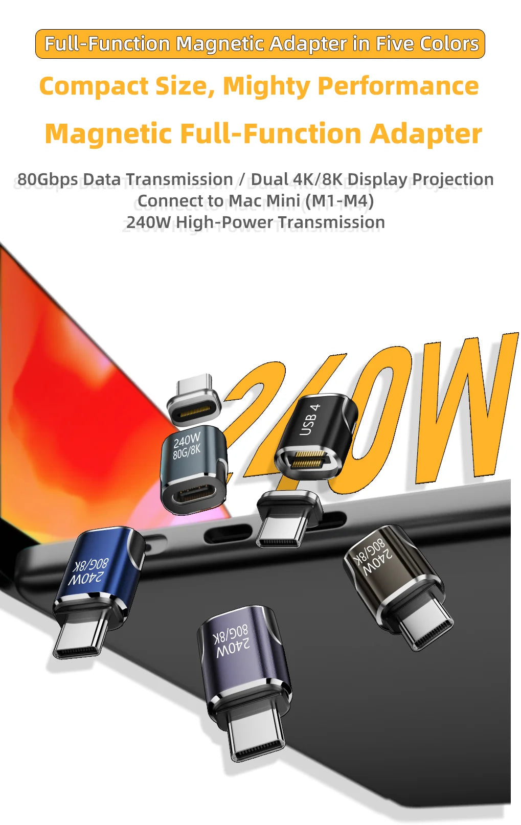 PD 240W Type C to Type C Magnetic Adapter USB 4 Full-Featured 80Gbps 8K@60Hz Fast Charging USB-C Magnet Converter For iPhone 15