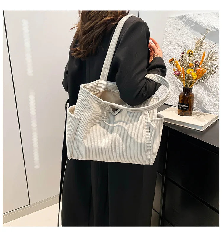 Corduroy Women Bag Fashionable Large Capacity Handbag Shoulder Bag Versatile Artistic Retro Student Class Bag with Zipper Pocket