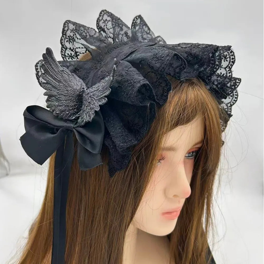 New Lace Lolita Wing Angel Headband Ribbon Bowknot Gothic Hair Band Sweet Cosplay Headdress Headwear
