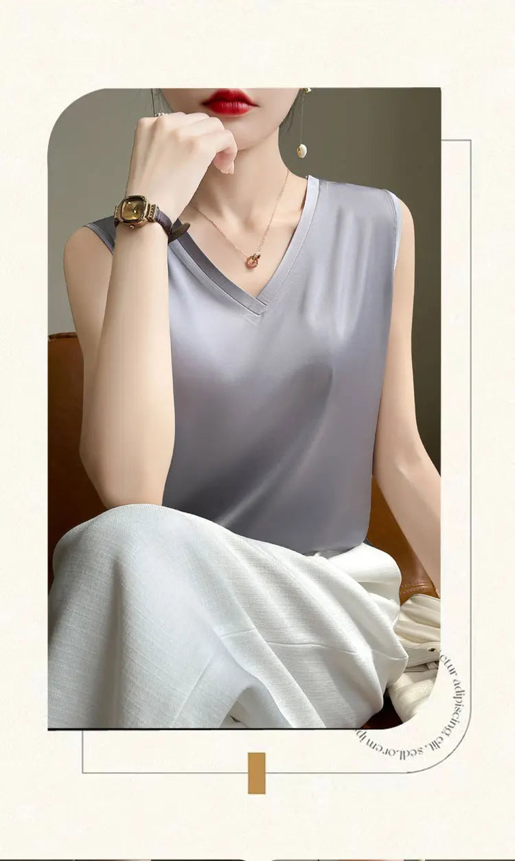 V-Neck Silk Vest Women's Summer Short Sleeved Top Acetate Satin Sleeveless Summer Shirt T-Shirt Loose Suspender Base YTM A39