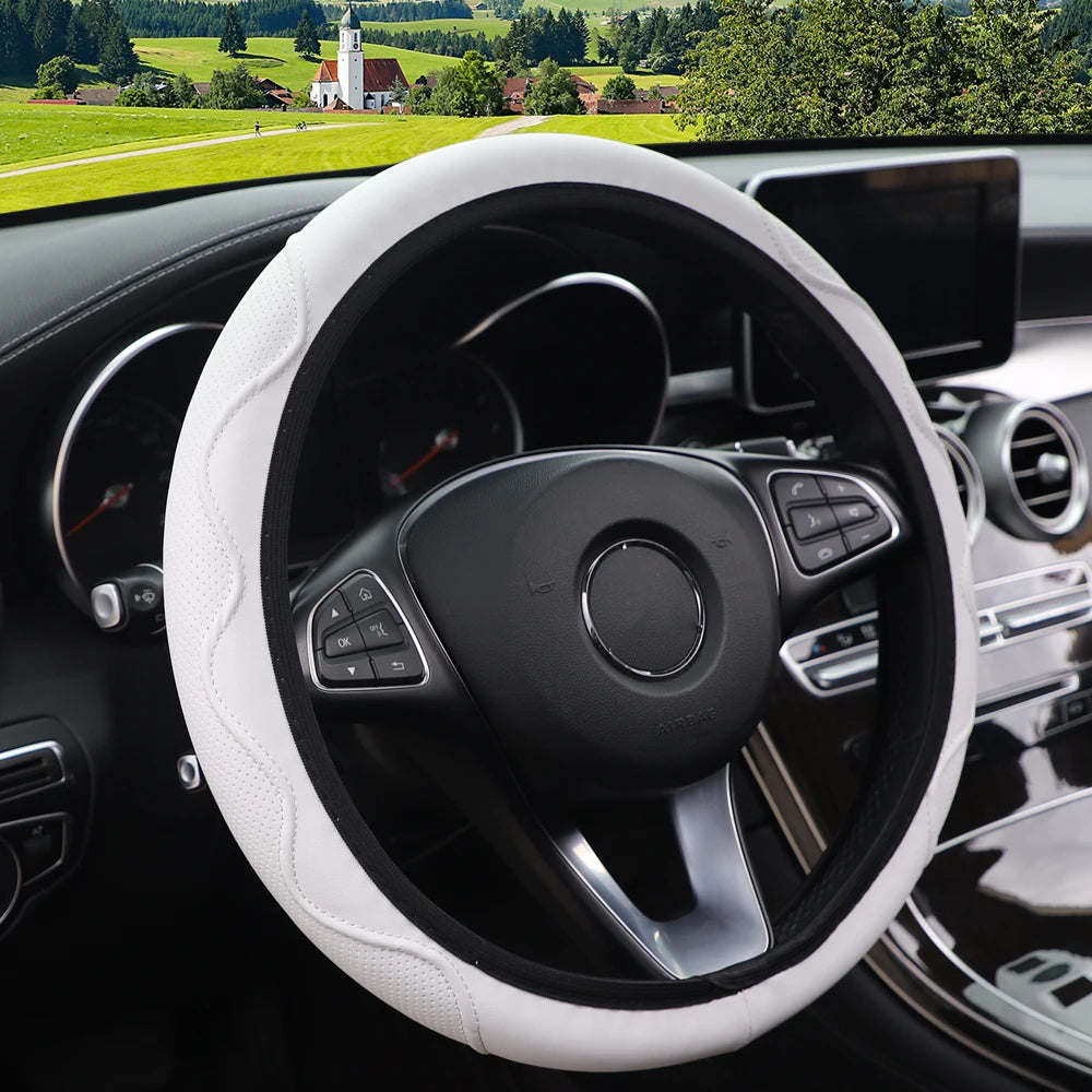Women's PU Leather Corrugated Steering Wheel Cover 37-38cm Rimless Comfortable Car Accessory for All Seasons