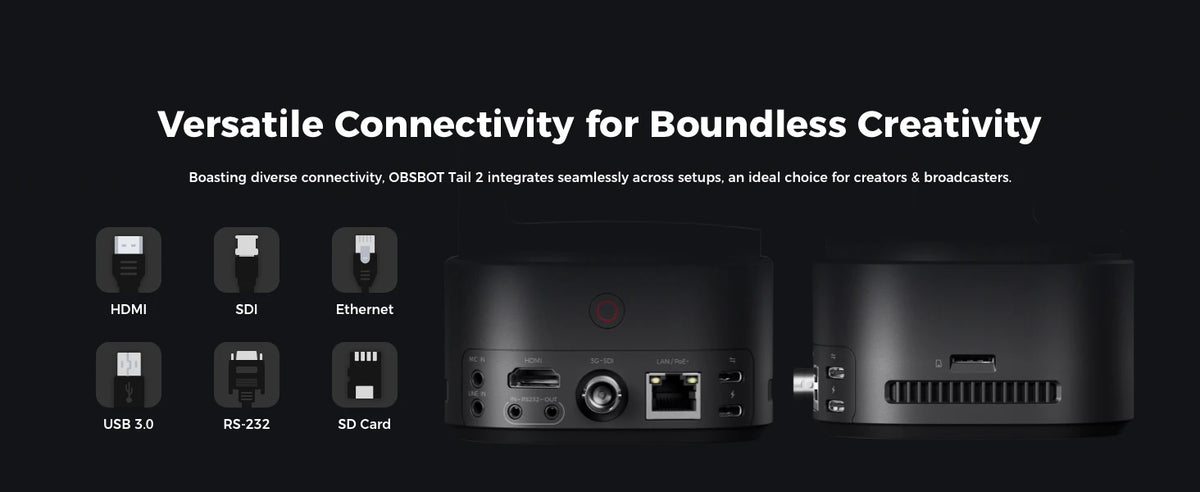 OBSBOT Tail 2 PTZR NDI Camera 4K@60FPS, Pro AI Tracking, 1/1.5" CMOS, 50MP, 5X Optical Zoom, 12X Hybrid Zoom, SDI/HDMI/IP/USB 3.