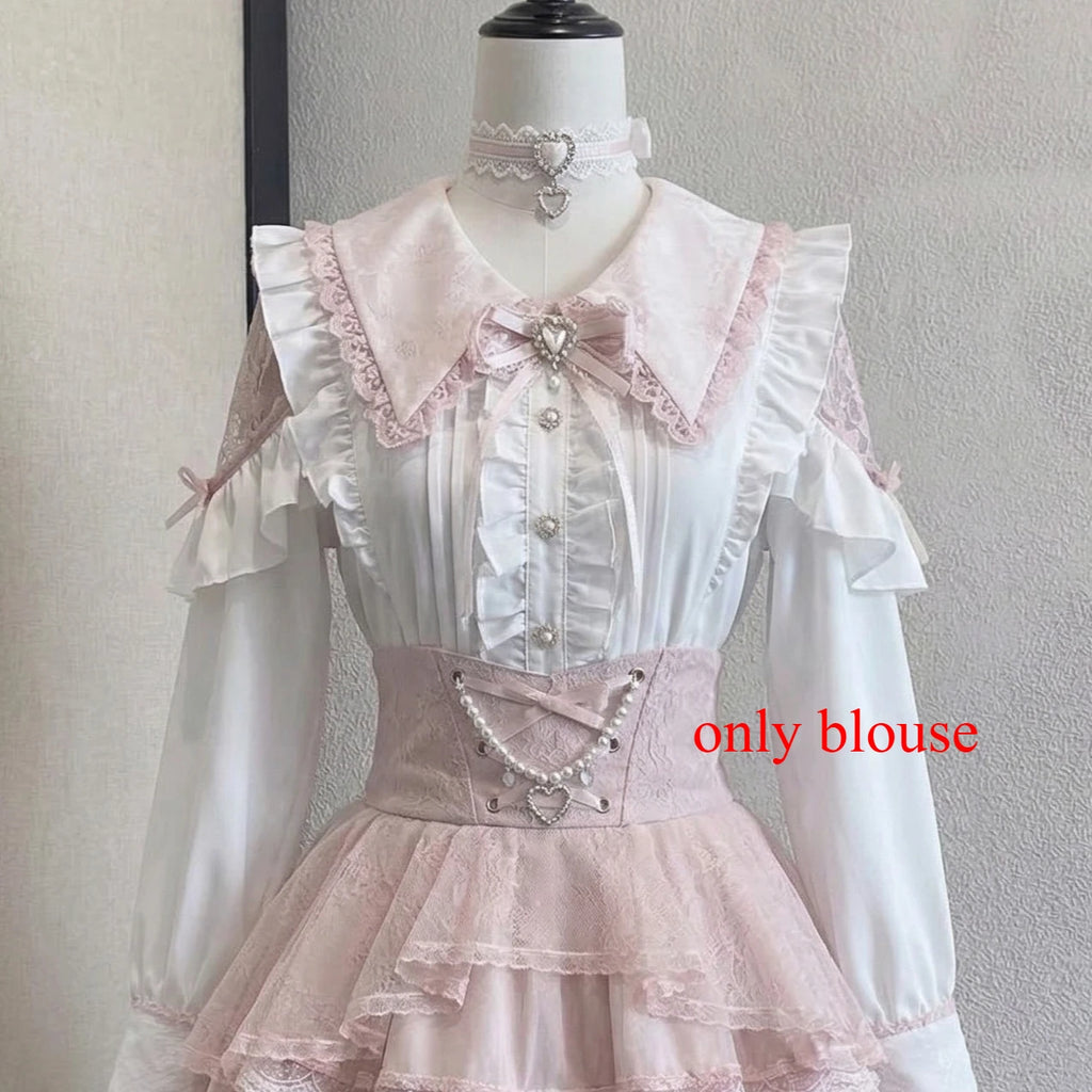 Japanese Sweet Lolita Blouse Long Sleeve Women Casual Skirts Lace Ruffle Blouse Y2K Harajuku Y2K Kawaii Subculture Outfit 2026
