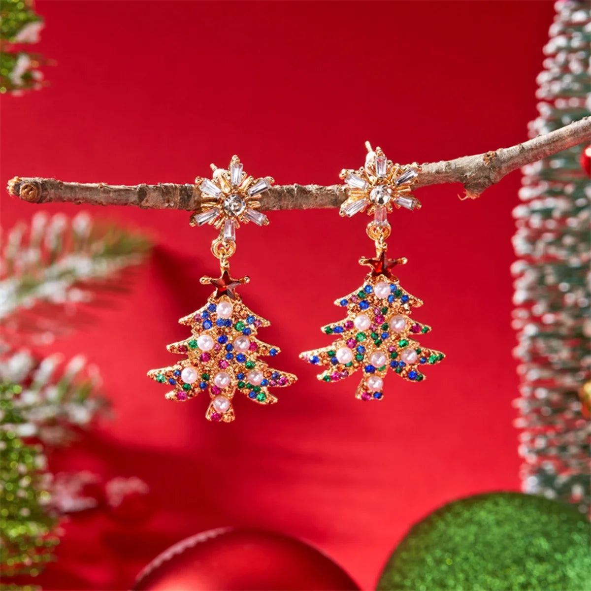 Christmas Earrings Rhinestone Imitation Pearl Snowflake Xmas Tree Star Bell Drop Holiday Dangle Party Jewelry Gift For Women Men