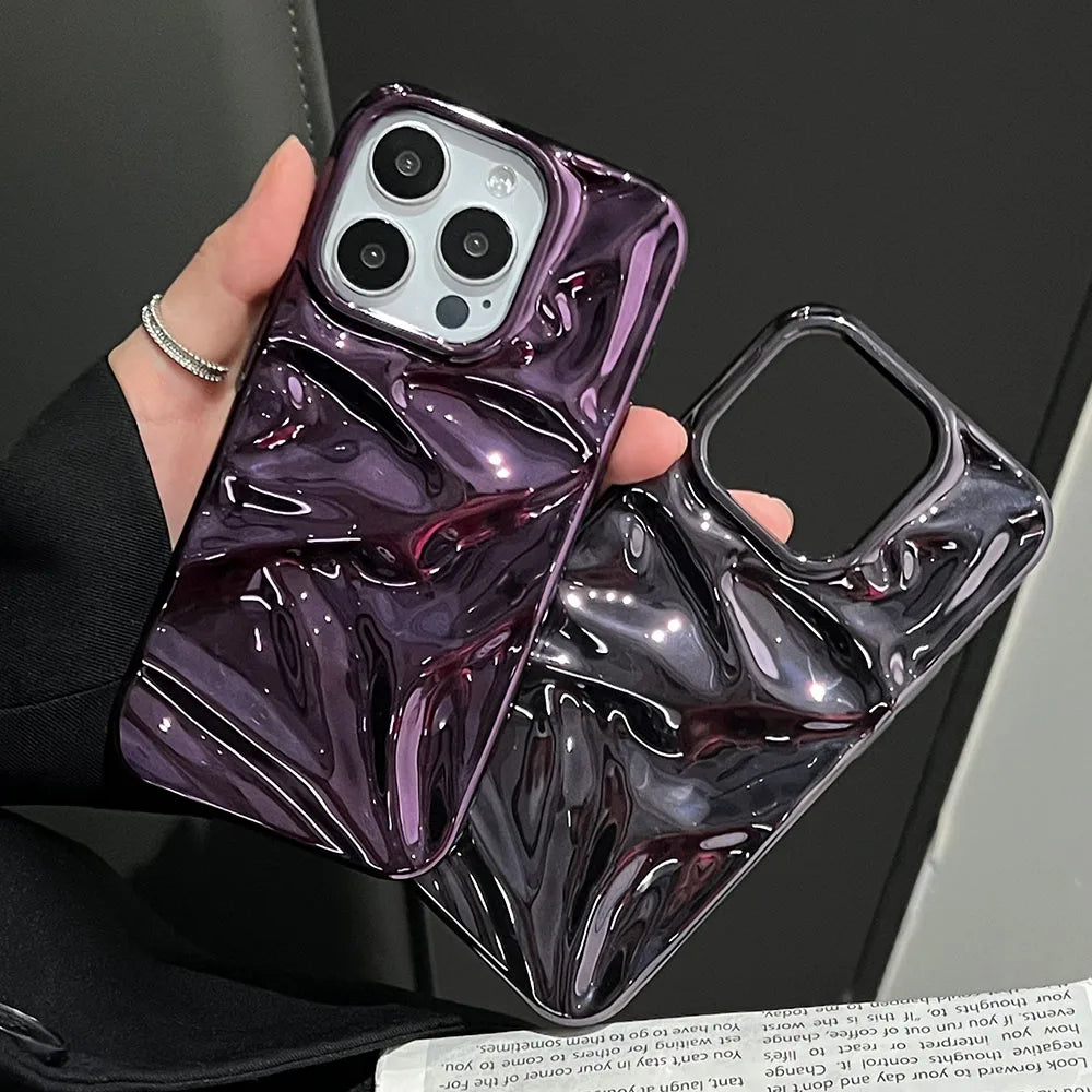 Luxury Electroplate Silvery 3D Wrinkle Phone Case For iphone 17 16 15 14 13 11 12 Pro Max 17Air Purple Water Ripple Soft Cover