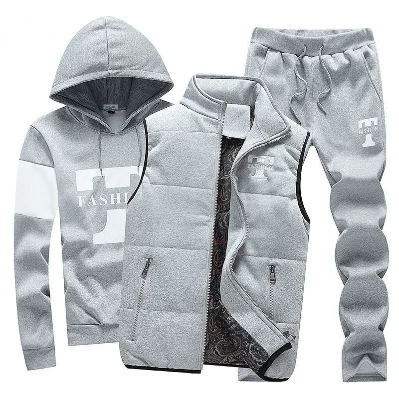 3 Pieces Set Hoodies+Vest+Pants Casual Men's Track Suit Clothing Coats Winter Thick Warm Tracksuit for Men Printed Mens Set Vest