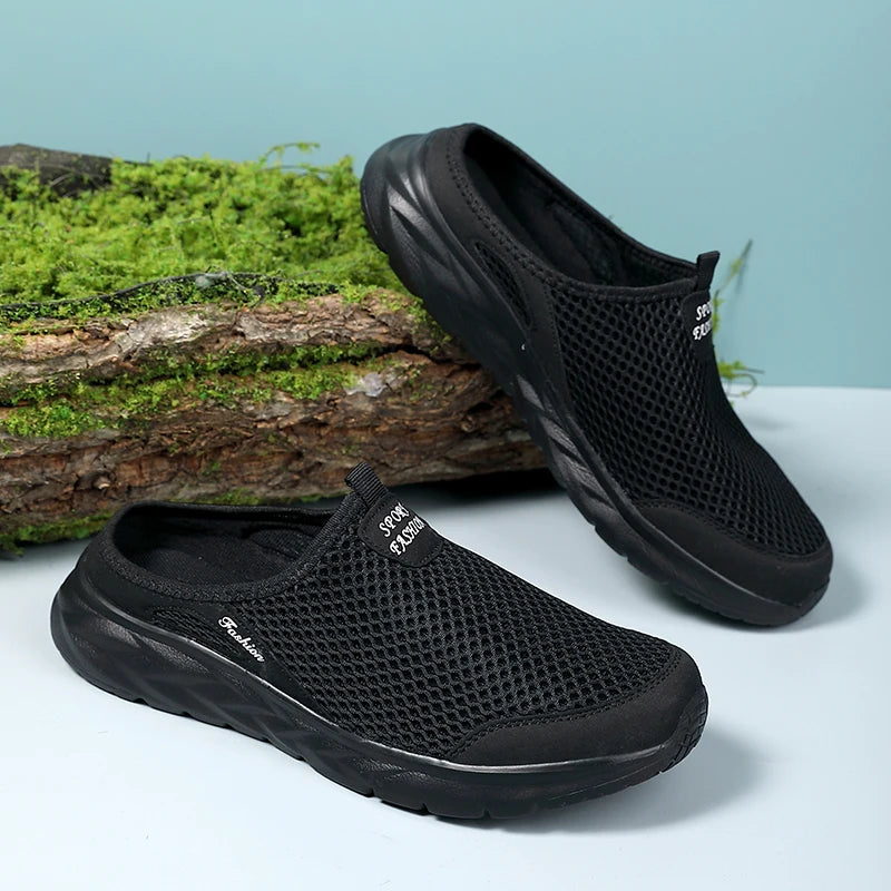 YRZL Mens Half Slippers Summer Breathable Mesh Mens Shoes Outdoor Casual Walking Shoes Large Flat Light Mesh Slippers Sandals