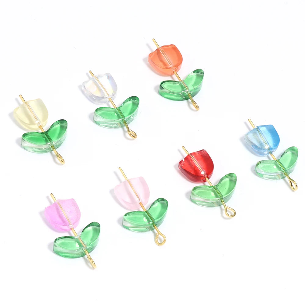 50pcs Tulip Flower Lampwork Gradient Color Glass Beads Charm for Earring Bracelet Necklace DIY Jewelry Craft Making Accessories