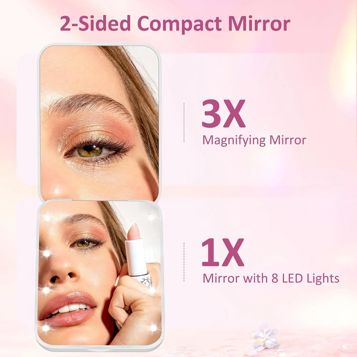 Mini Handheld Makeup Mirror 1X/3X Magnifiying Compact Folding Travel Portable With Light Makeup Pocket Mirror 8 Leds for Gifts