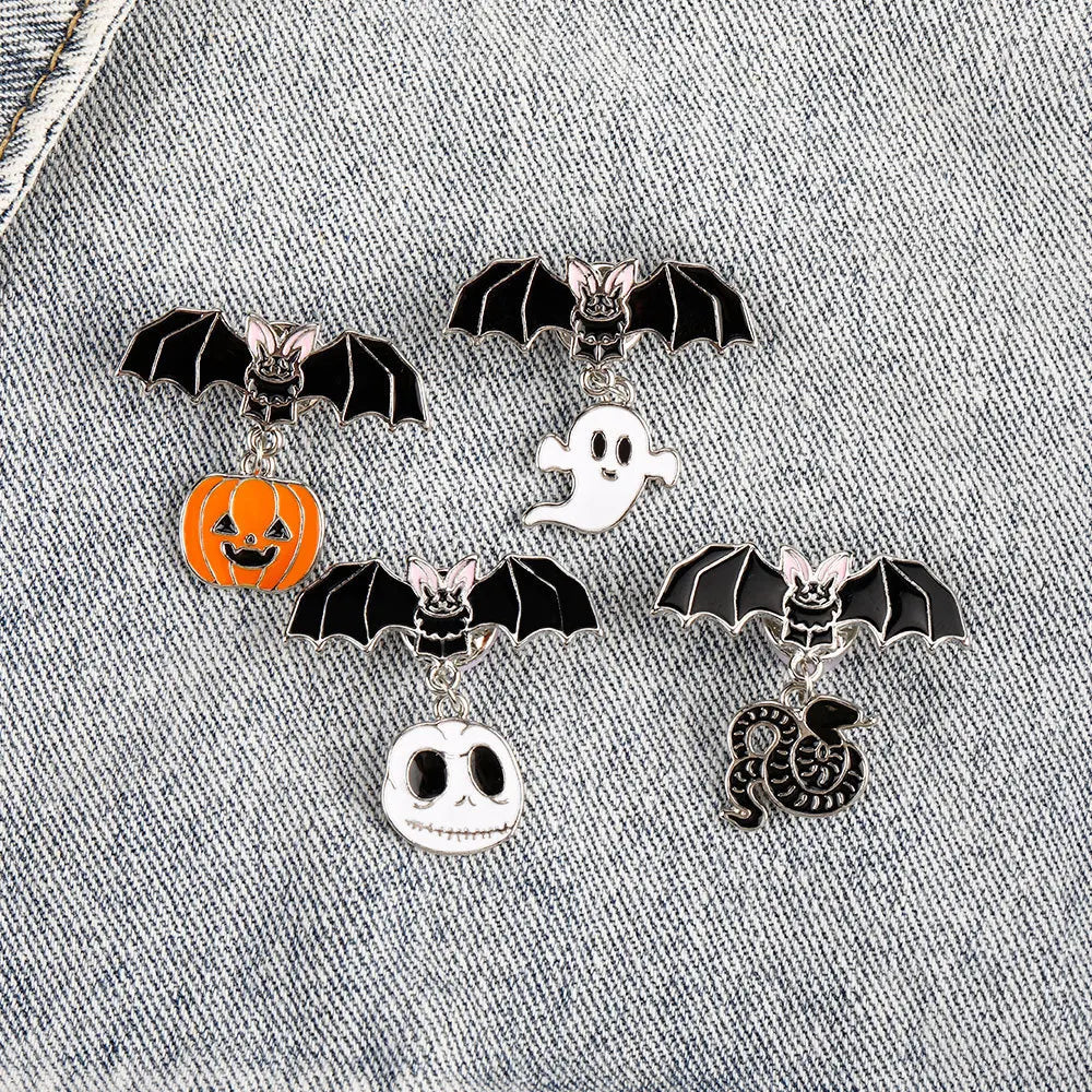 Dark Punk Style Halloween Enamel Brooch Creative Bat Pumpkin Skull Ghost Snake Lapel Pin Badge Backpack Clothing Hat Accessories