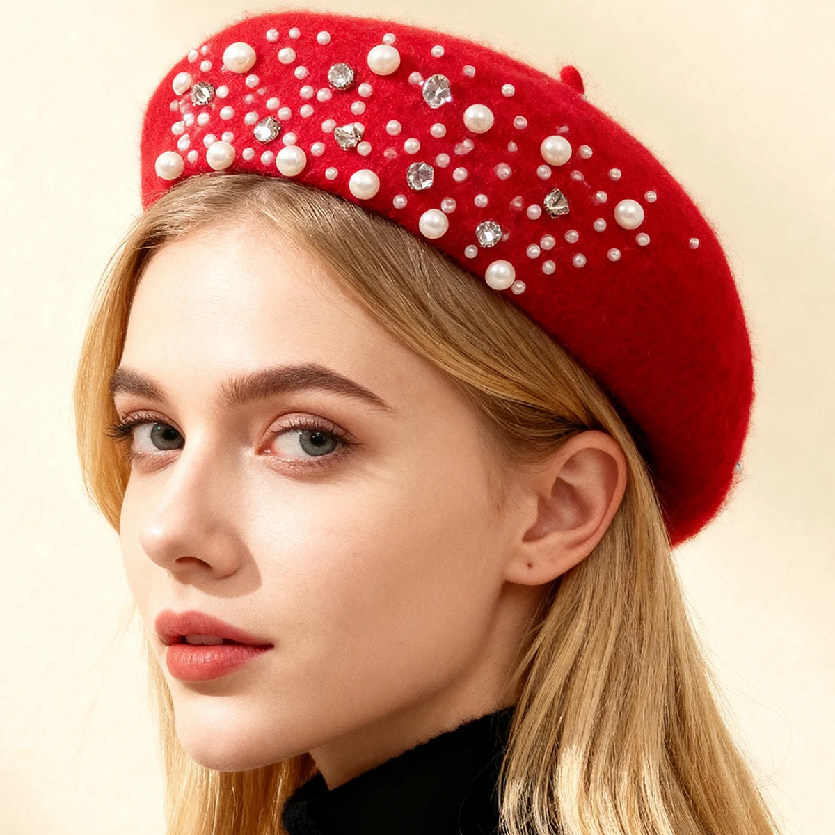 Ladies' Water Diamond Beaded Woolen Autumn and Winter Warm and Fashionable Y2K Beret for Daily Gatherings, Shopping and Outings