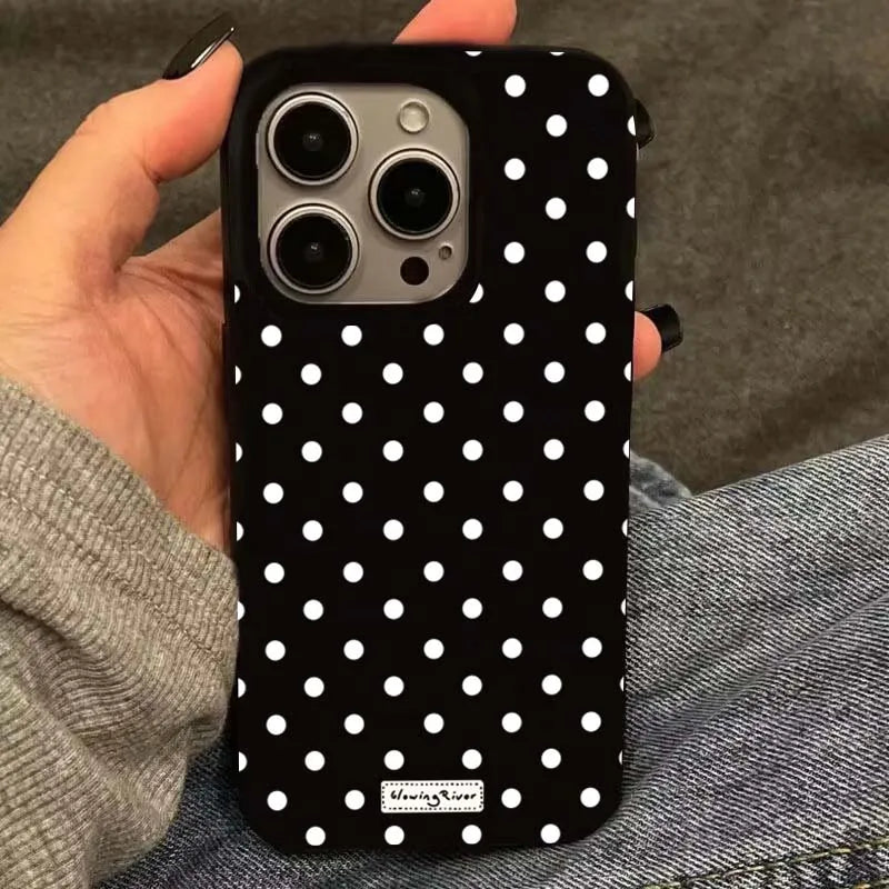 Luxury Korean White Polka-Dot Label Phone Case For iPhone 16 15 14 13 12 11 Pro Max XS XR X 7 8 Plus 16E Shockproof Soft Cover