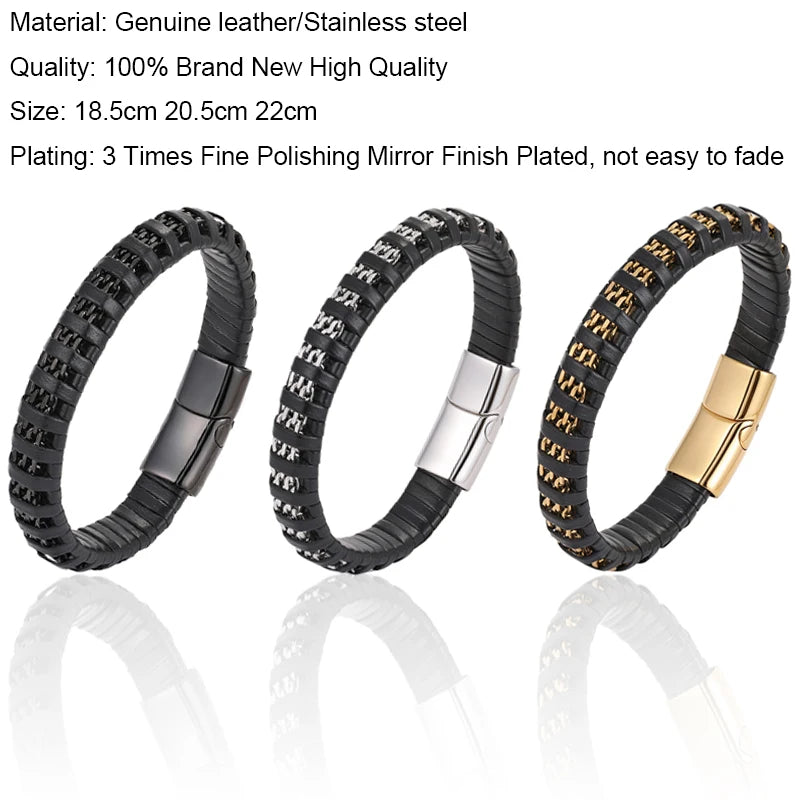 New Fashion 8mm Chain Curb Cuban Link Charm Leather Bracelets Men Stainless Steel Magnet Clasp Hand Bracelet Homme Men's Gifts