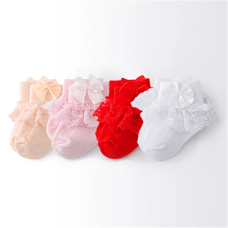 Lawadka 4Pairs/lot Newborn Baby Socks For Girls Cotton Lace Infant Girls Sock Princess Bow Toddler Baby Girls Socks Spring 0-24M