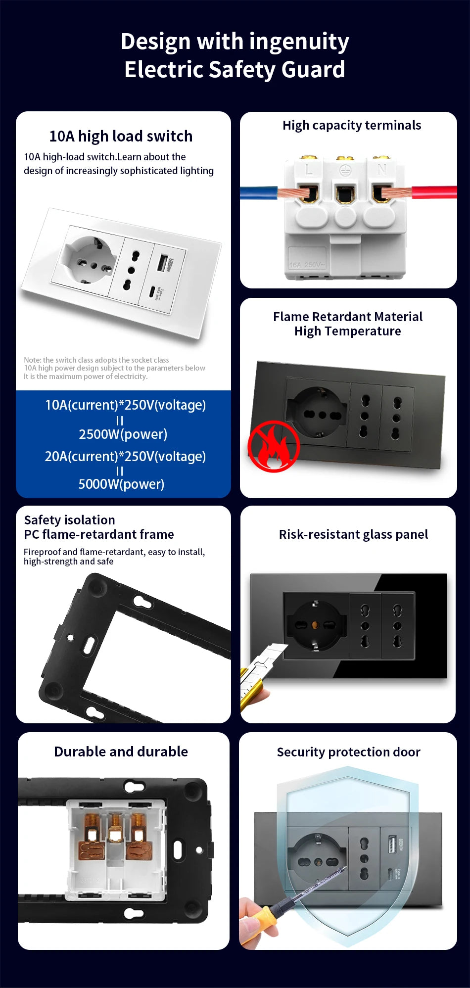 DELEFU Glass SC70 Panel 145mm Black Italian Standard USB C-type Fast Charging Wall Socket Switch TV Telephone CAT5 CAT6