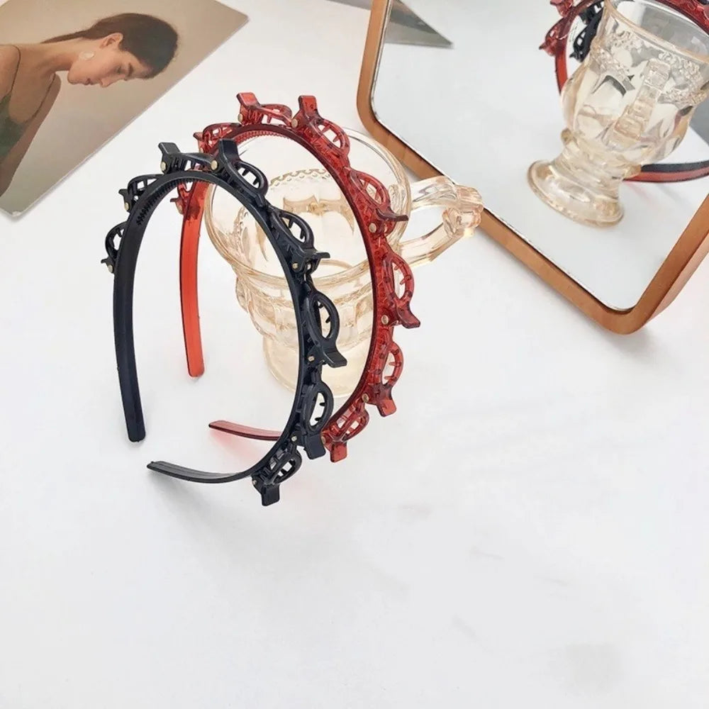 Adjustable Headband with Clips Double Bangs Hoop Design Multi Layer Toothed Braid Tool with 8 Clips Hair Styling Accessories