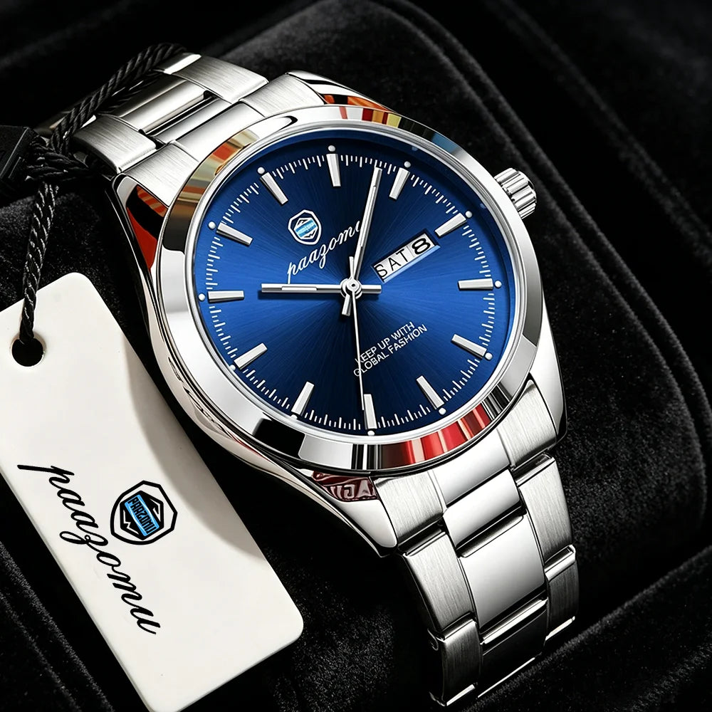 PAAZOMU Fashion Men's Quartz Watch Luminous Hands Date Week Stainless Steel Strap Waterproof Casual Wristwatch Quartz Men Watch