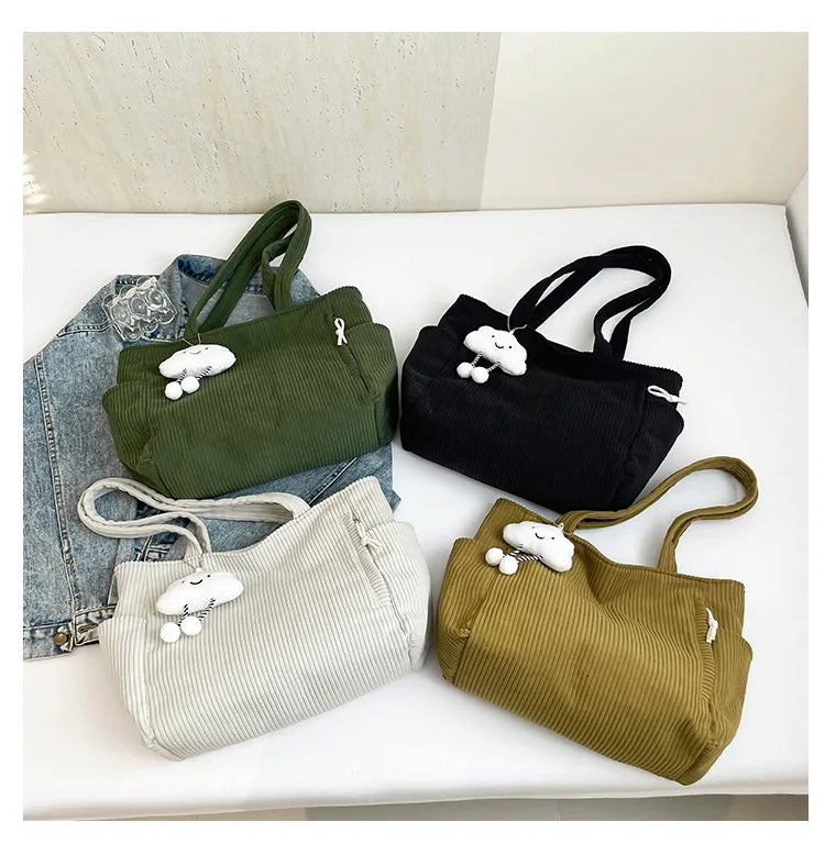 Corduroy Women Bag Fashionable Large Capacity Handbag Shoulder Bag Versatile Artistic Retro Student Class Bag with Zipper Pocket