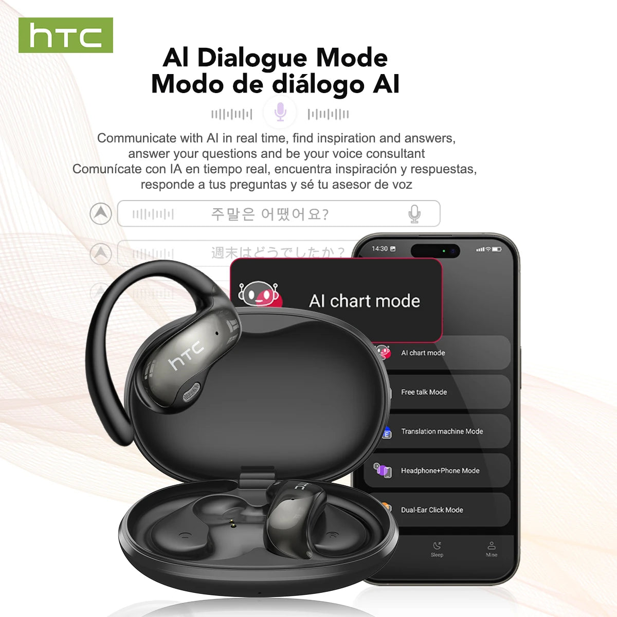 HTC NE19 Bluetooth Earphones AI OWS Sports Wireless Headphones with Mic Powerful Bass AI Translator Earbuds Waterproof Long Life