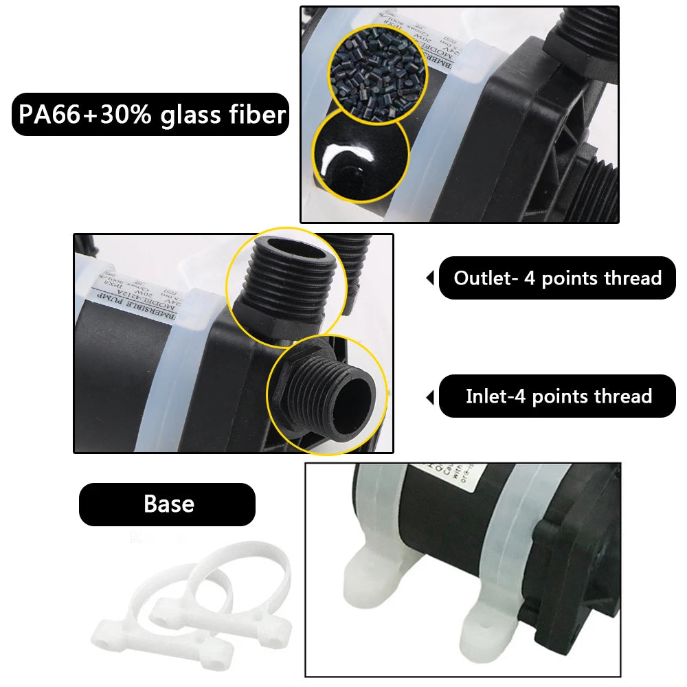 Silent 4 Points Threaded Water Heater Shower Floor Heating Booster Pump Brushless Solar Motor Water Pump DC 12V 24V IP68 US Plug