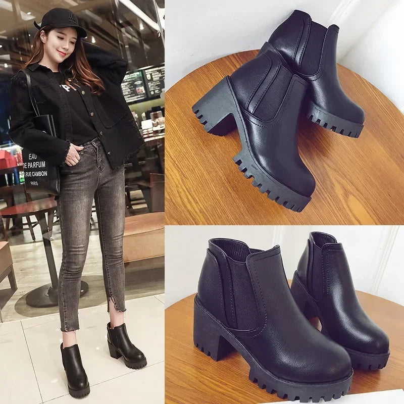 New Autumn and Winter Casual Thick Heel Solid Color Fashion Women's Boots Comfortable Round Toe Warm High Heels
